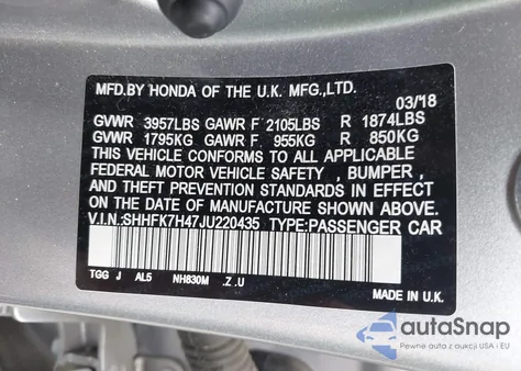 2018 Honda Civic Sport из США, поврежденный, VIN SHHFK7H47JU220435